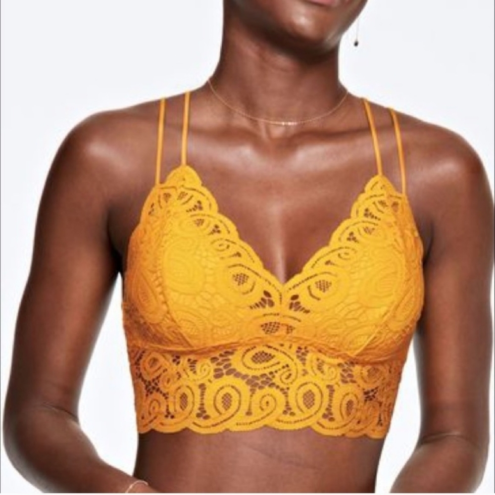 PINK Victoria's Secret Gold Lace Strappy Bralette Slightly Padded Size Medium